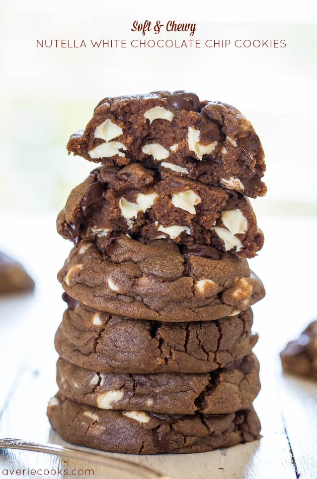 Soft & Chewy Nutella White Chocolate Chip Cookies - Thick, rich, chocolaty cookies that are so soft you won't be able to resist them!