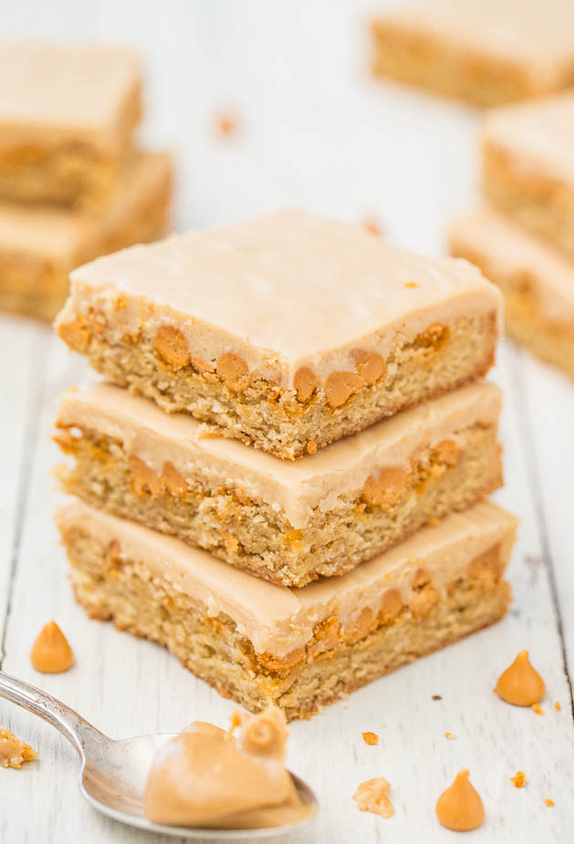 Peanut Butter Butterscotch Bars - Soft, chewy bars loaded with butterscotch! The satiny smooth peanut butter frosting is amazing!