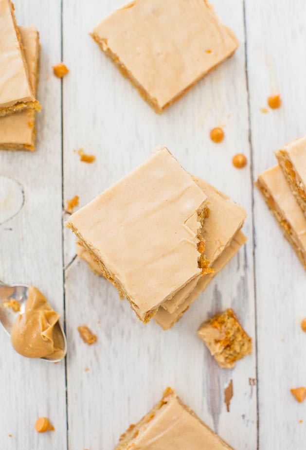 Peanut Butter Butterscotch Bars - Soft, chewy bars loaded with butterscotch! The satiny smooth peanut butter frosting is amazing!