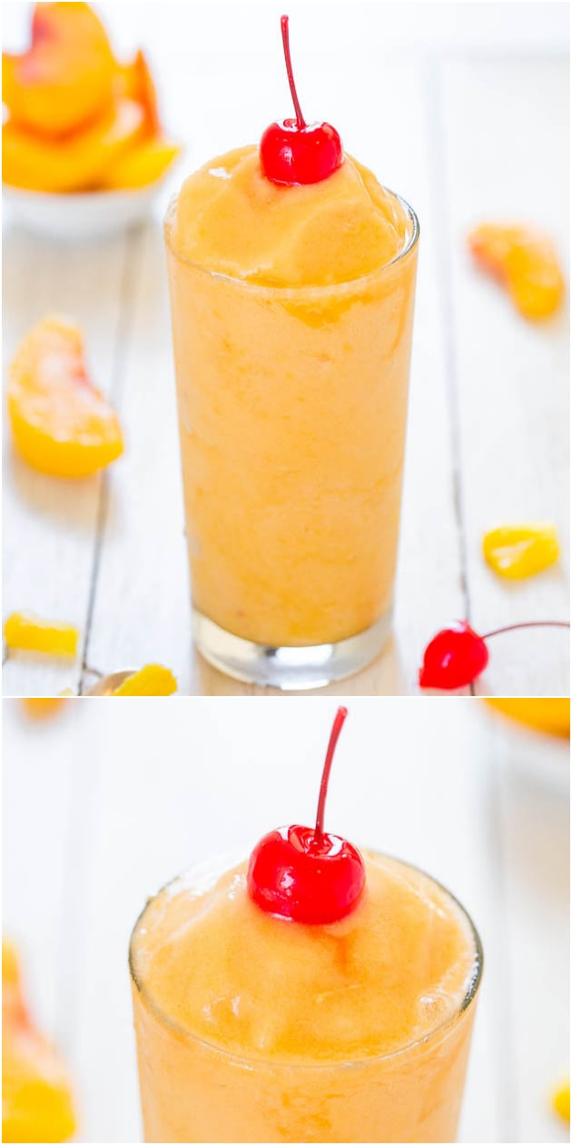 Tropical Peach Pineapple Alcoholic Slushies — Plenty of booze and no added sugar in these vodka slushies, a win-win! Cool, refreshing, and they go down so easily!