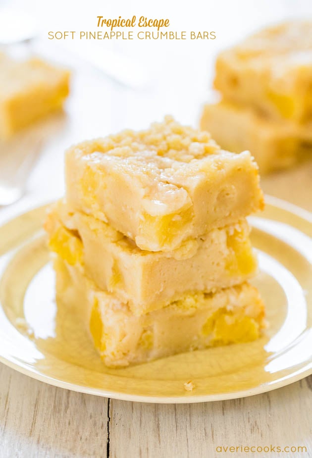 Tropical Escape Soft Pineapple Crumble Bars - Sweet, soft bars with big pineapple chunks that taste like a tropical vacation! 