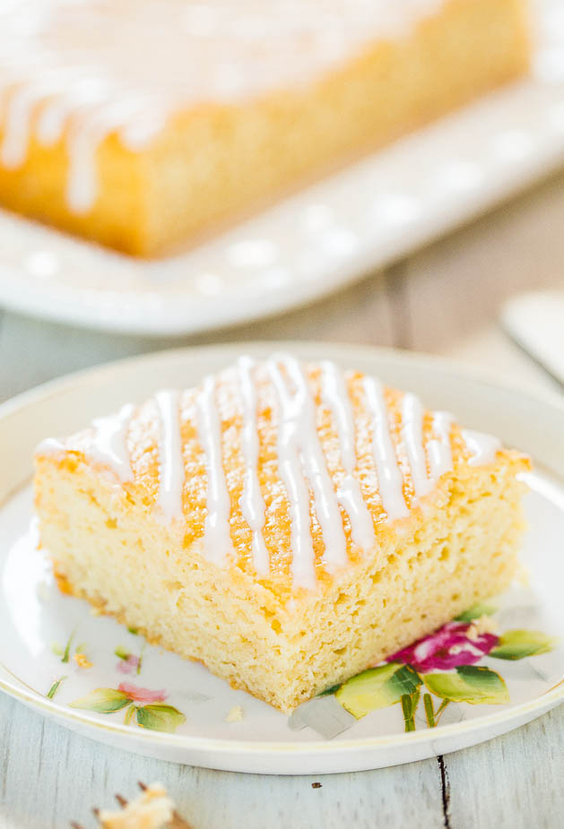 Sweet Cream Yogurt Coffee Cake — Fluffy, soft, sweet, and as a happy accident it turned out very close in taste and texture to boxed yellow cake mix cake! Coffee creamer and yogurt keep this coffee cake moist! 