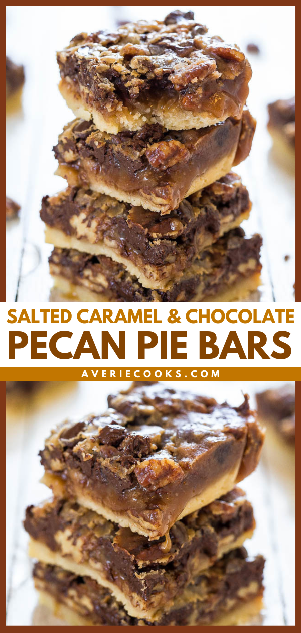 Salted Caramel and Chocolate Pecan Pie Bars — You'll never want plain pecan pie again! Caramel and chocolate makes the bars taste amazing!