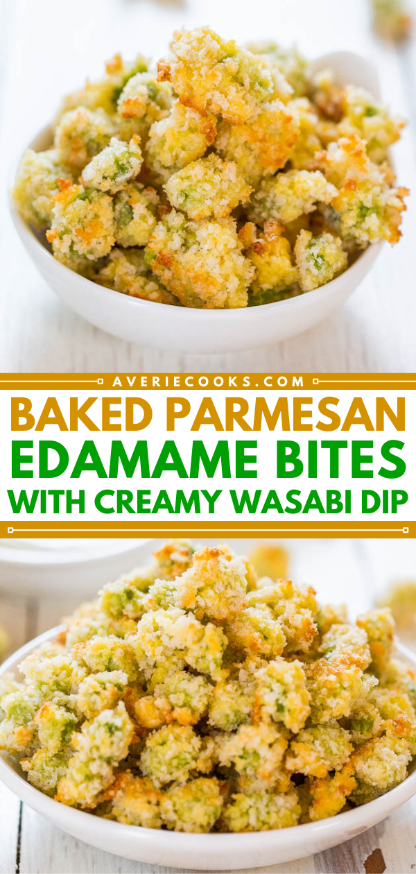 Baked Parmesan Edamame Bites with Creamy Wasabi Dip -The ultimate in mini comfort food! You'll want to inhale the whole batch!