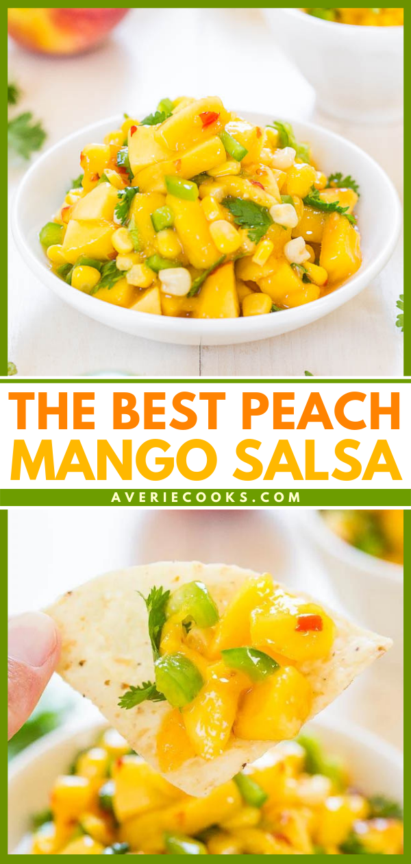 The Best Peach Mango Salsa — Fast, easy, and tastes a million times better than anything store-bought! So darn good!!