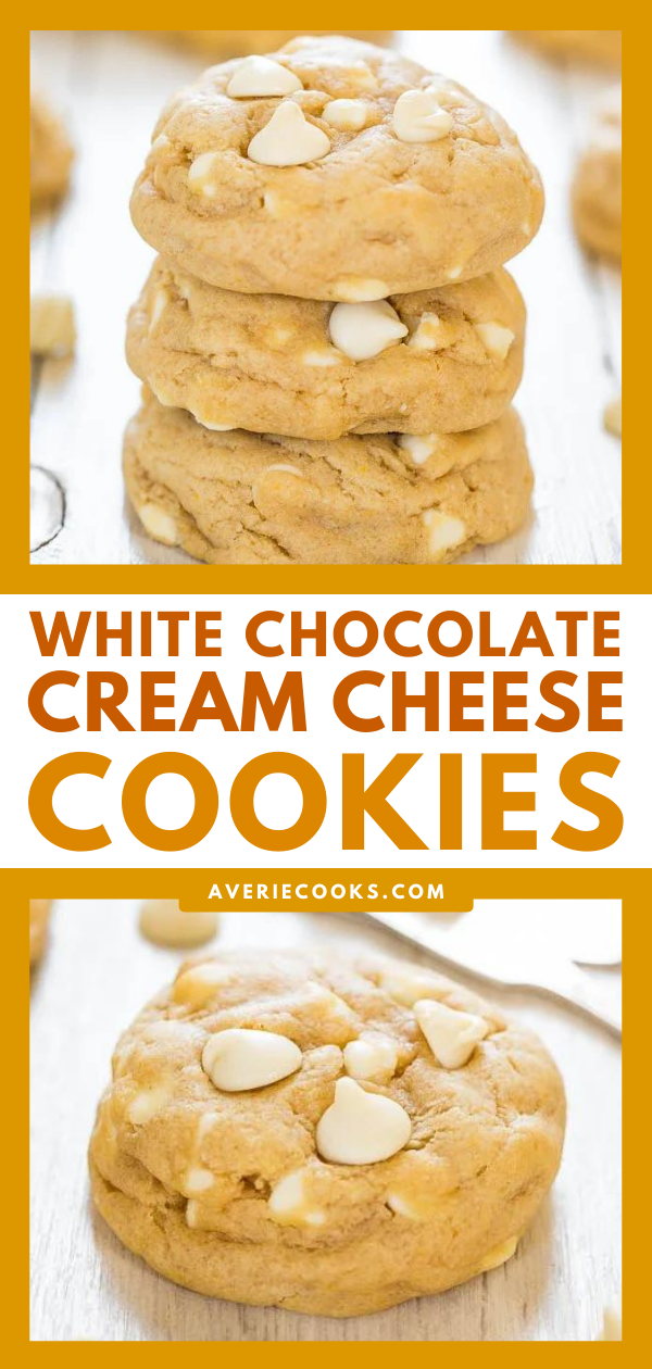 Cream Cheese White Chocolate Chip Cookies — These soft and chewy white chocolate chip cookies use two special ingredients to achieve their pillowy texture: instant pudding mix and cream cheese!