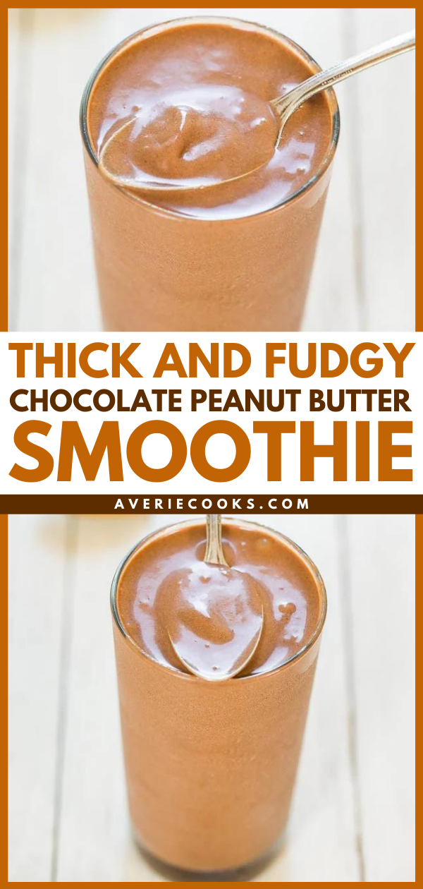 Chocolate Peanut Butter Smoothie — You'd never guess this fudgy peanut butter smoothie is actually healthy for you! Warning: you'll need a spoon for this smoothie that tastes like drinkable fudge! 