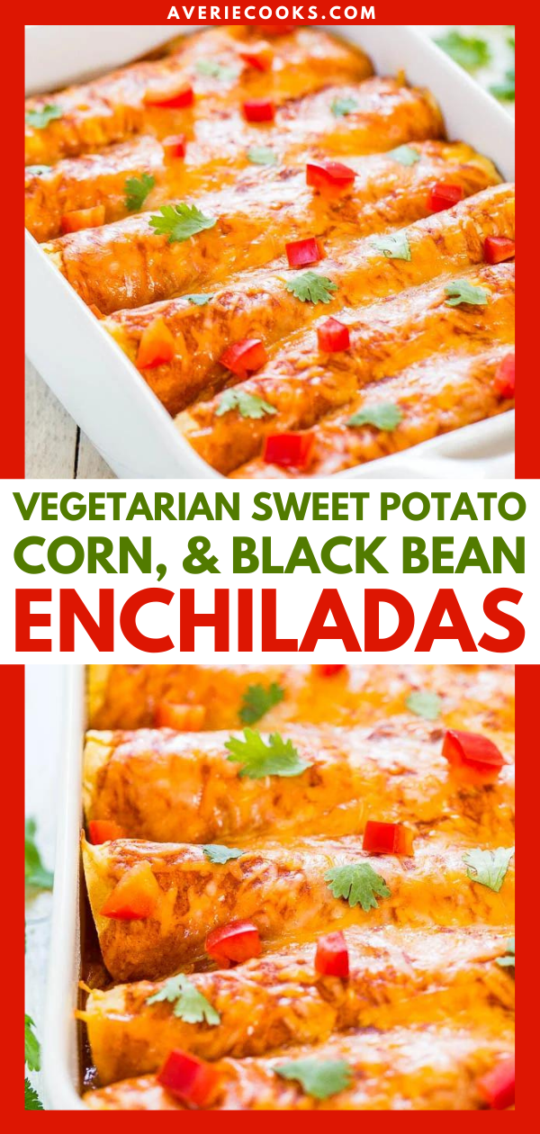 Vegetarian Sweet Potato Black Bean Enchiladas — Warm sweet potatoes, slightly spicy corn and beans, all smothered in cheese and red sauce. They’re satisfying, hearty, and you’ll never miss the meat! 