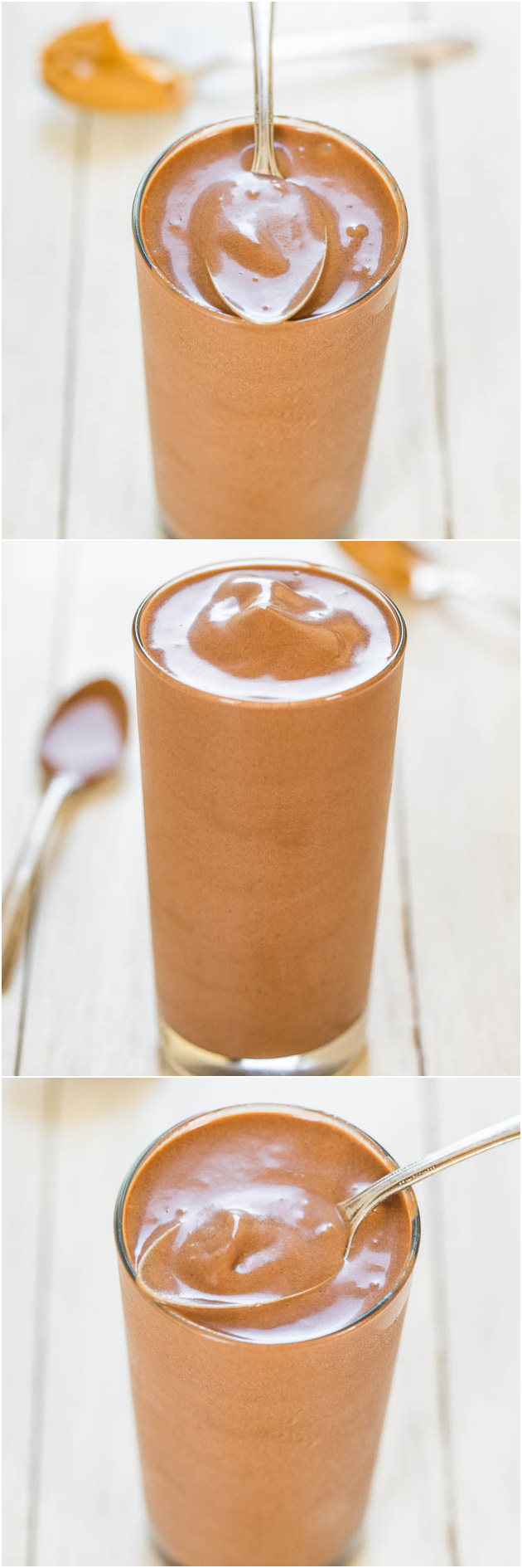 Chocolate Peanut Butter Smoothie — You'd never guess this fudgy peanut butter smoothie is actually healthy for you! Warning: you'll need a spoon for this smoothie that tastes like drinkable fudge! 