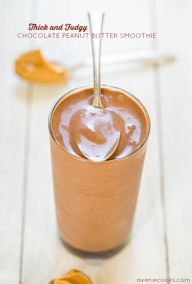 Thick and Fudgy Chocolate Peanut Butter Smoothie (vegan, GF) - You'll need a spoon for this smoothie that tastes like drinkable fudge!