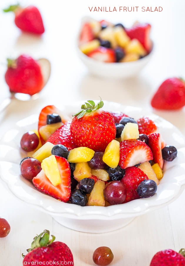 Vanilla Fruit Salad - The easiest fruit salad ever thanks to a secret ingredient! Make it for your next party and watch it disappear!