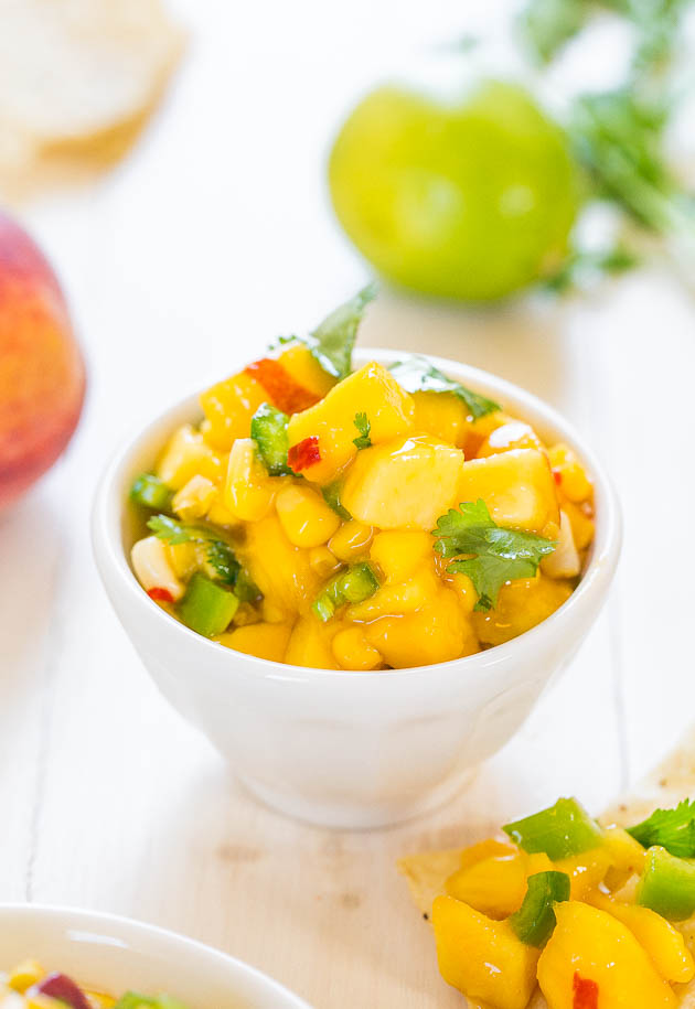 The Best Peach Mango Salsa (vegan, GF) - Fast, easy, and tastes a million times better than anything storebought! So.darn.good!!