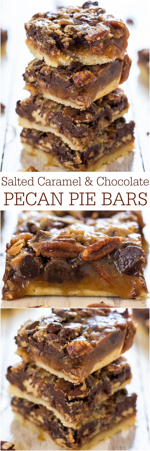  Salted Caramel and Chocolate Pecan Pie Bars - You'll never want plain pecan pie again! Caramel and chocolate makes the bars taste amazing!