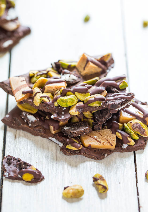 Pistachio, Salted Caramel & Oreo Dark Chocolate Bark - Salty-and-sweet & so good! Dangerously easy & make in 5 minutes!