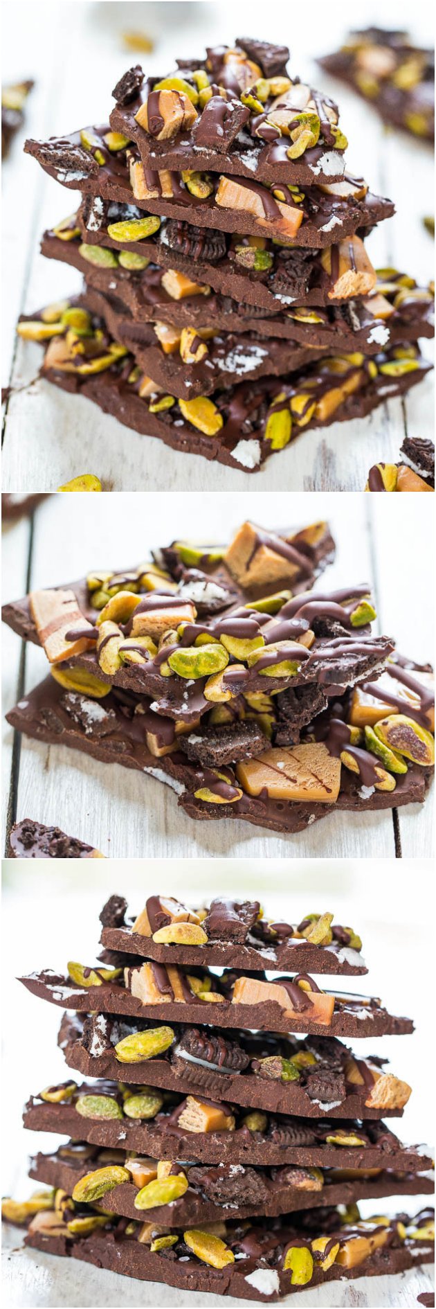 Pistachio, Salted Caramel & Oreo Dark Chocolate Bark - Salty-and-sweet & so good! Dangerously easy & make in 5 minutes!