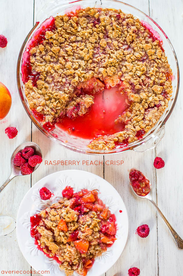 Fresh Peach Raspberry Crisp — This peach oatmeal crisp is impossible to resist! The sweet peaches contrast beautifully with the tart raspberries, and that crumble topping is SO good! 