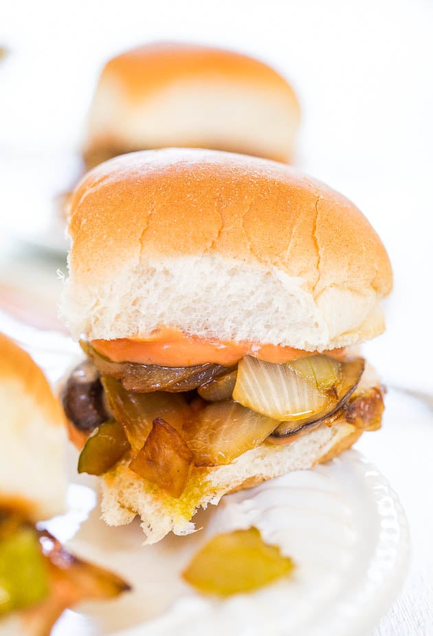 Vegetarian Sliders with Fry Sauce — Meatless comfort food at its finest! The filling features a caramelized Vidalia onion, baby portobello mushrooms, and pickles.