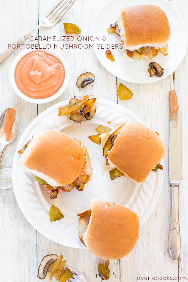 Caramelized Onion and Portobello Mushroom Sliders with Fry Sauce - Meatless comfort food at its finest! Hearty, satisfying and so good!