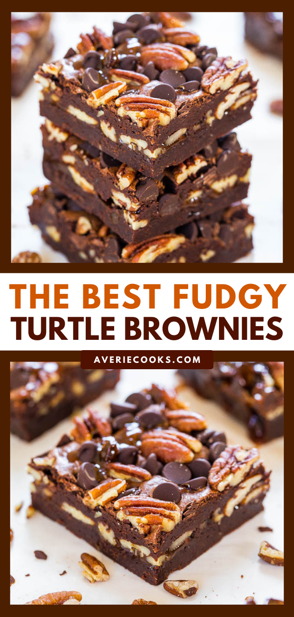 The Best Turtle Brownies — Super fudgy brownies and loaded with chocolate, pecans and caramel! An easy, no-mixer recipe that can be made with homemade or store-bought caramel sauce! 