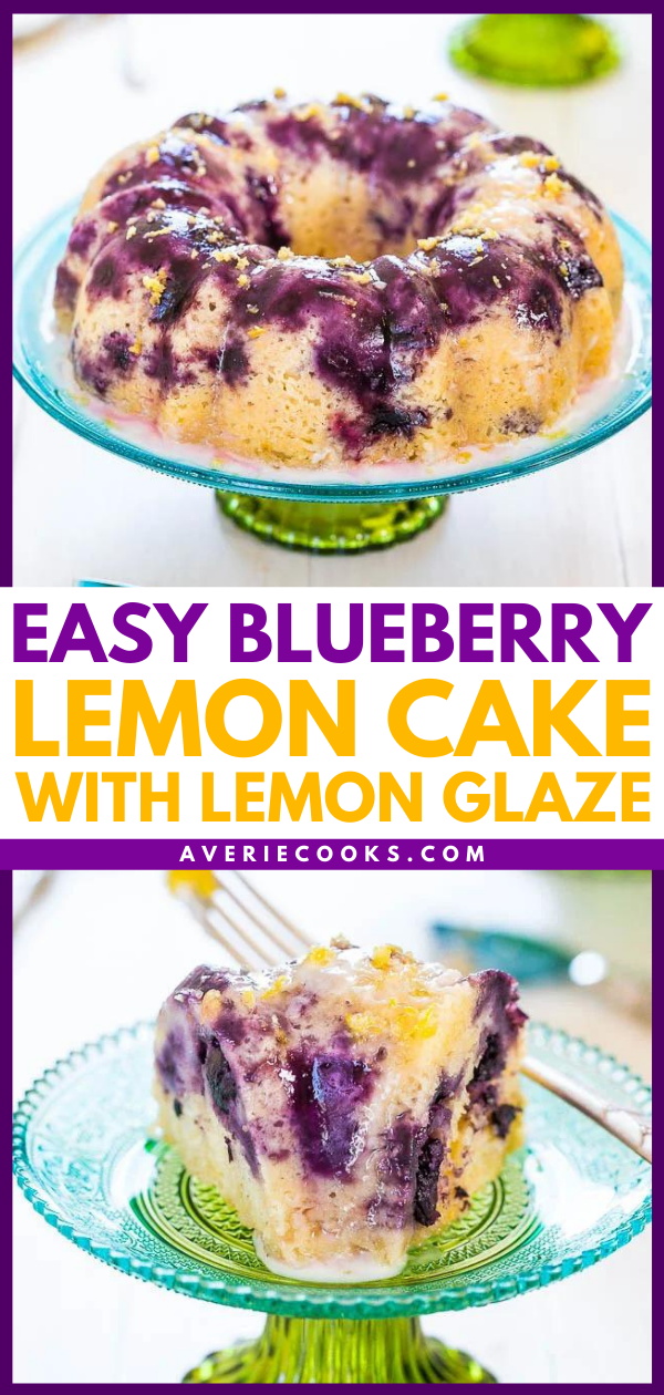 Glazed Lemon Blueberry Bundt Cake — Almost more berries than cake in this soft, fluffy lemon blueberry bundt cake! The tart lemon glaze is plate-licking delish!!
