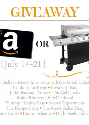 Promotional giveaway advertisement offering a choice between a $300 amazon gift card or a stainless steel grill, running from july 14-21 with multiple participating sponsors.