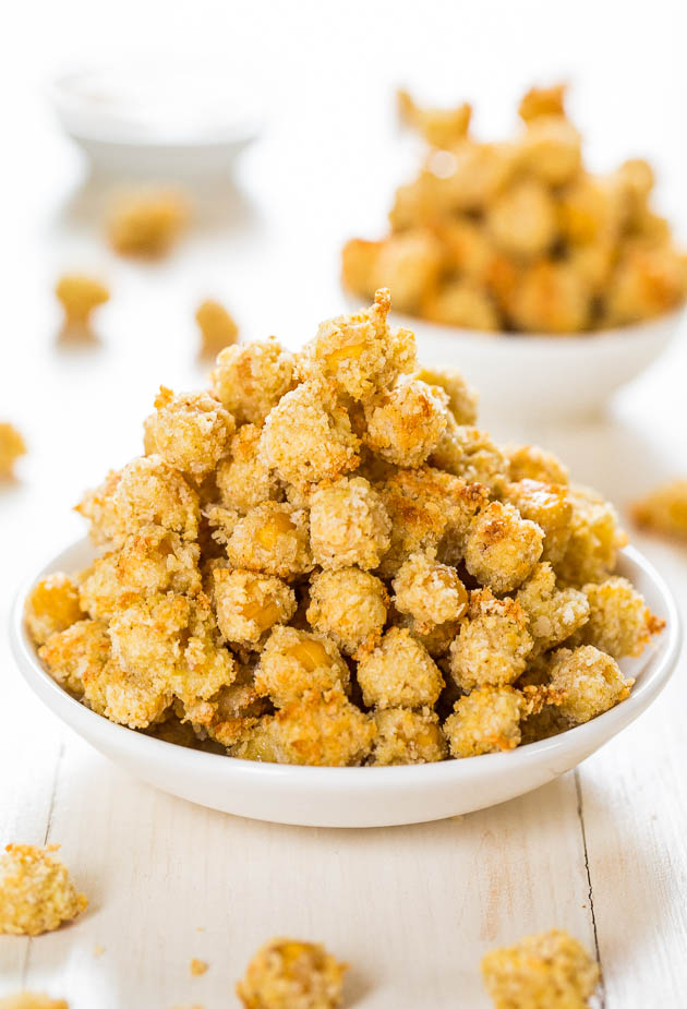 Crispy Roasted Parmesan Chickpeas with Spiced Ranch Dip - Crispy, crunchy and cheesy! You'll want to devour the whole batch!