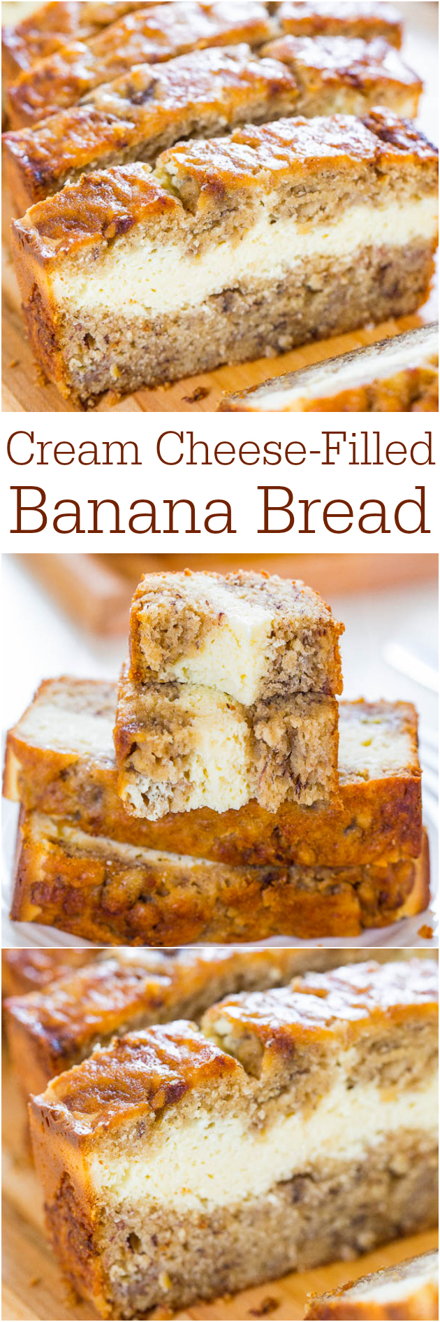 Cream Cheese-Filled Banana Bread - Banana bread that's like having cheesecake baked in! Soft, fluffy, easy and tastes ahhhh-mazing!