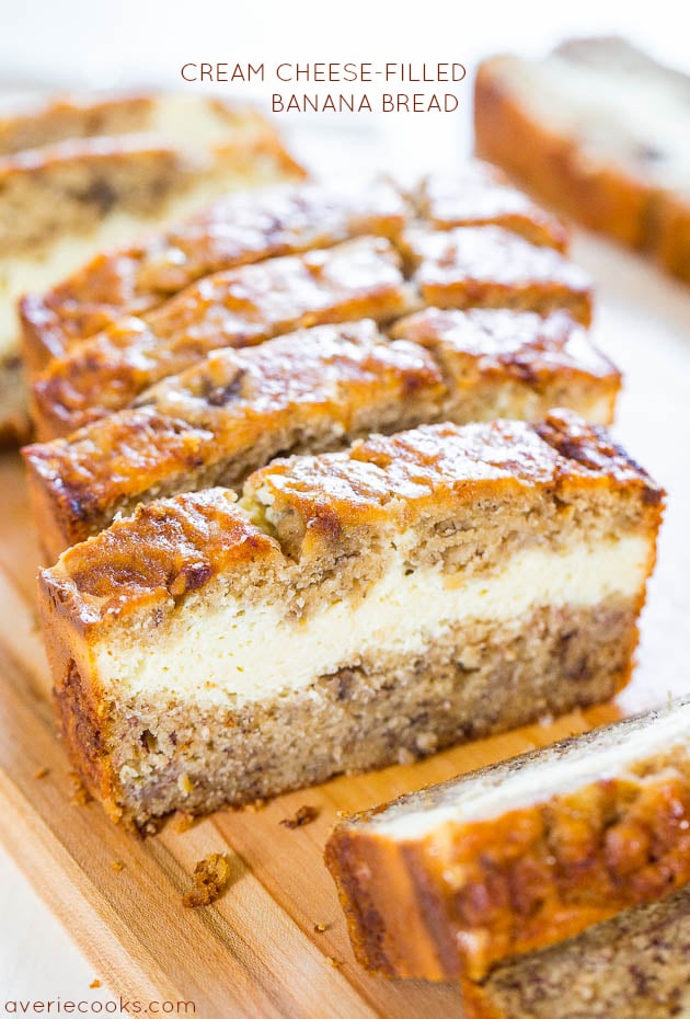 A sliced loaf of Cream Cheese-Filled Banana Bread with graphic title