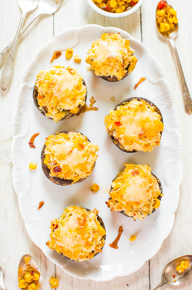 Triple Cheese and Corn-Stuffed Portobello Mushrooms - Mushroom fans will love these! Stuffed to the max with cheese! Oh yes!