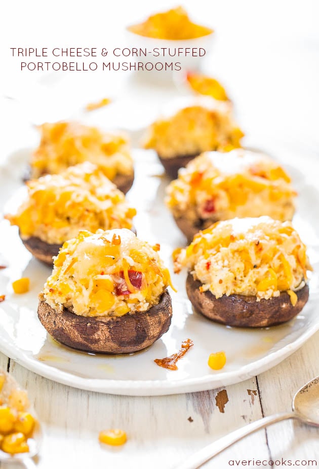 Triple Cheese and Corn-Stuffed Portobello Mushrooms - Mushroom fans will love these! Stuffed to the max with cheese! Oh yes!