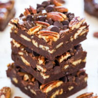 Turtle Brownies — Super fudgy brownies loaded with chocolate, pecans, and caramel! An easy, no-mixer recipe for the most INCREDIBLE BROWNIES that are LOADED with all the good stuff! Rich, decadent, and amazing! To save time, use store-bought caramel sauce.