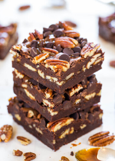 Turtle Brownies — Super fudgy brownies loaded with chocolate, pecans, and caramel! An easy, no-mixer recipe for the most INCREDIBLE BROWNIES that are LOADED with all the good stuff! Rich, decadent, and amazing! To save time, use store-bought caramel sauce.