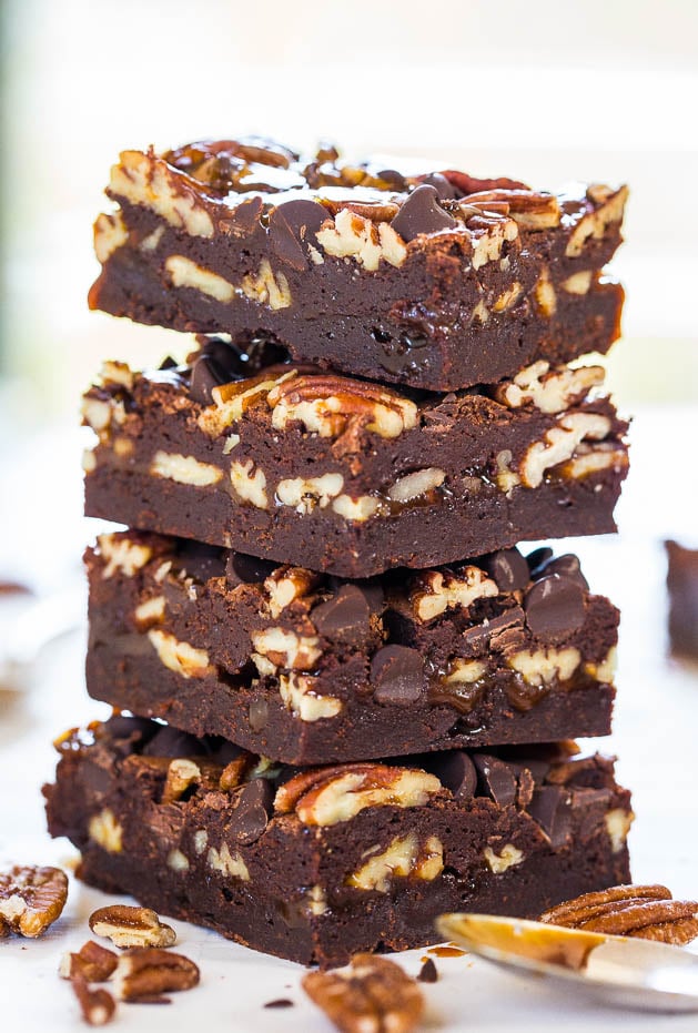 The Best Turtle Brownies - Super fudgy and loaded with chocolate, pecans and caramel! So.crazy.good!!!