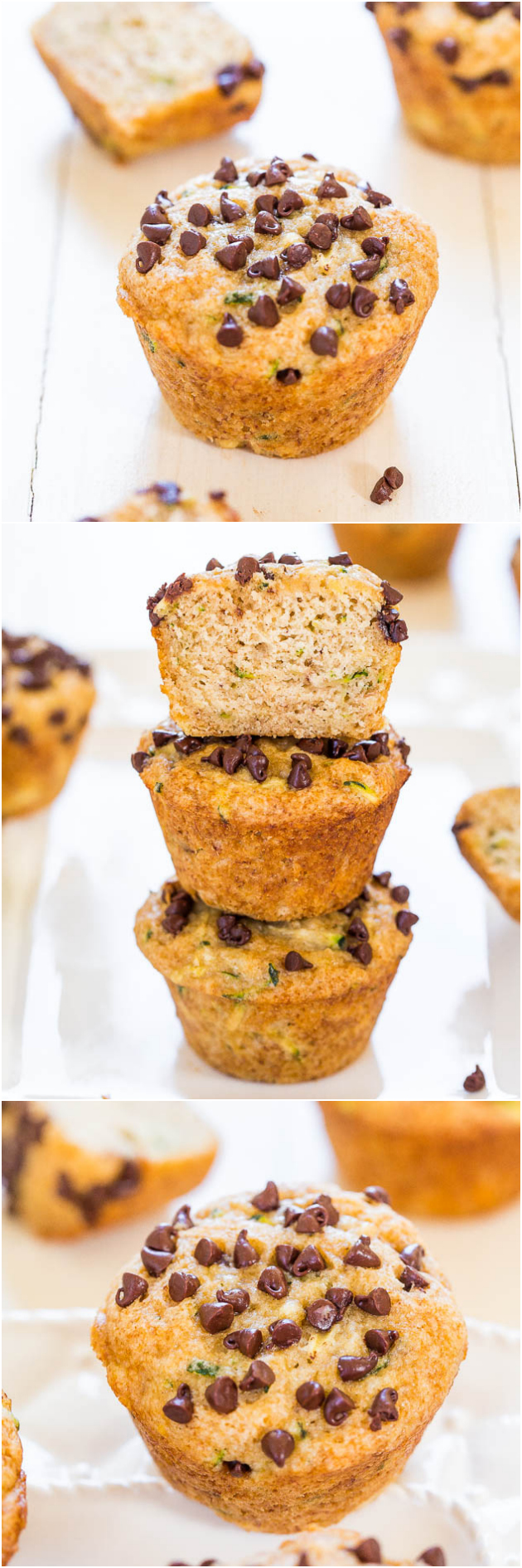 Banana Zucchini Chocolate Chip Muffins — These one-bowl, no-mixer banana zucchini chocolate chip muffins are vegan and healthy. No butter, no eggs, the chocolate chips are solely sprinkled on top, and they're made with coconut oil.
