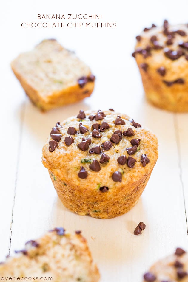 Banana Zucchini Chocolate Chip Muffins — These one-bowl, no-mixer banana zucchini chocolate chip muffins are vegan and healthy. No butter, no eggs, the chocolate chips are solely sprinkled on top, and they're made with coconut oil.