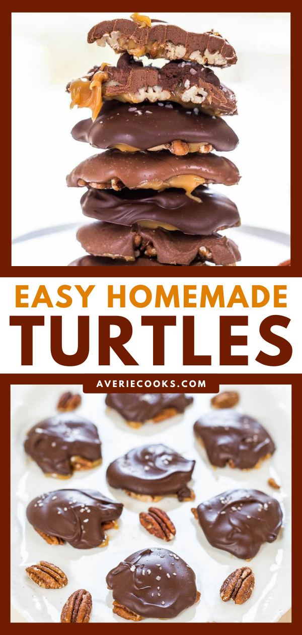Homemade Chocolate Turtles — Fast, easy, no-bake and just 4 ingredients! Chewy, gooey, salty-and-sweet! Homemade always tastes better! Yum!!