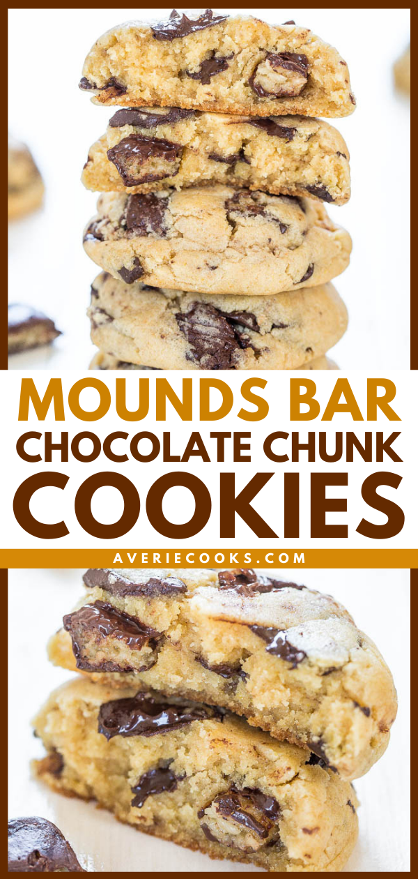 Mounds Bar Chocolate Chunk Cookies - Soft, chewy and stuffed to the max with dark chocolate and Mounds! Crazy good!!