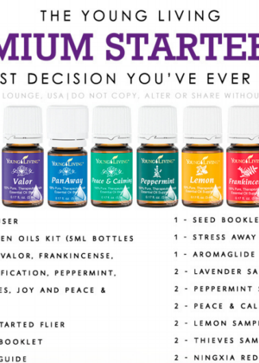 A display of various essential oil bottles labeled with their scents and purposes, marketed as part of a "premium starter kit" by young living.