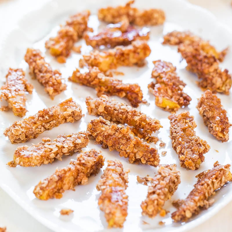 A plate of crispy almond-crusted chicken fingers.