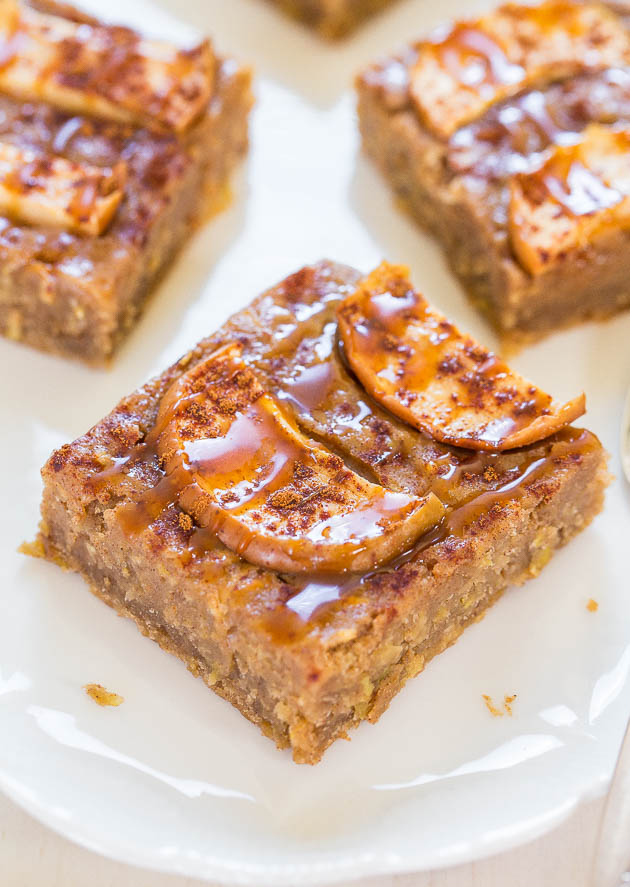 Caramel Apple Blondies — Super soft, moist, chewy and all the flavor of caramel apples minus the stick! You're going to love these apple blondies!