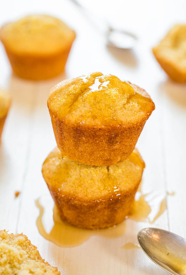 two sweet cornbread muffins stacked atop each other
