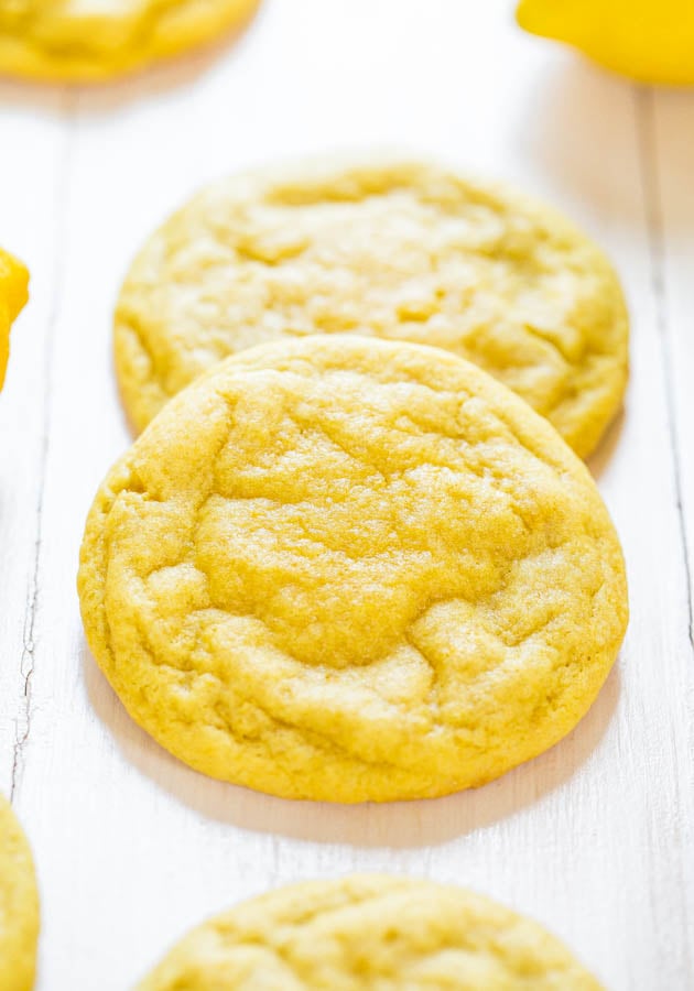 Soft and Chewy Lemon Cookies — Packed with big, bold lemon flavor for all you lemon lovers! They're soft, chewy and not at all cakey!