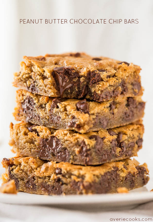 Peanut Butter Chocolate Chip Bars - Super soft bars that just melt in your mouth from all the PB! And all the chocolate!! Must.make.now!!