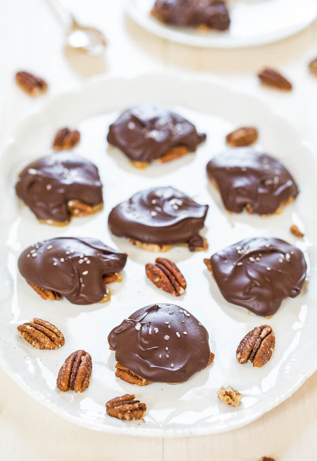 Homemade Turtles - Fast, easy, no-bake and just 4 ingredients! Chewy, gooey, salty-and-sweet! Homemade always tastes better! Yum!!