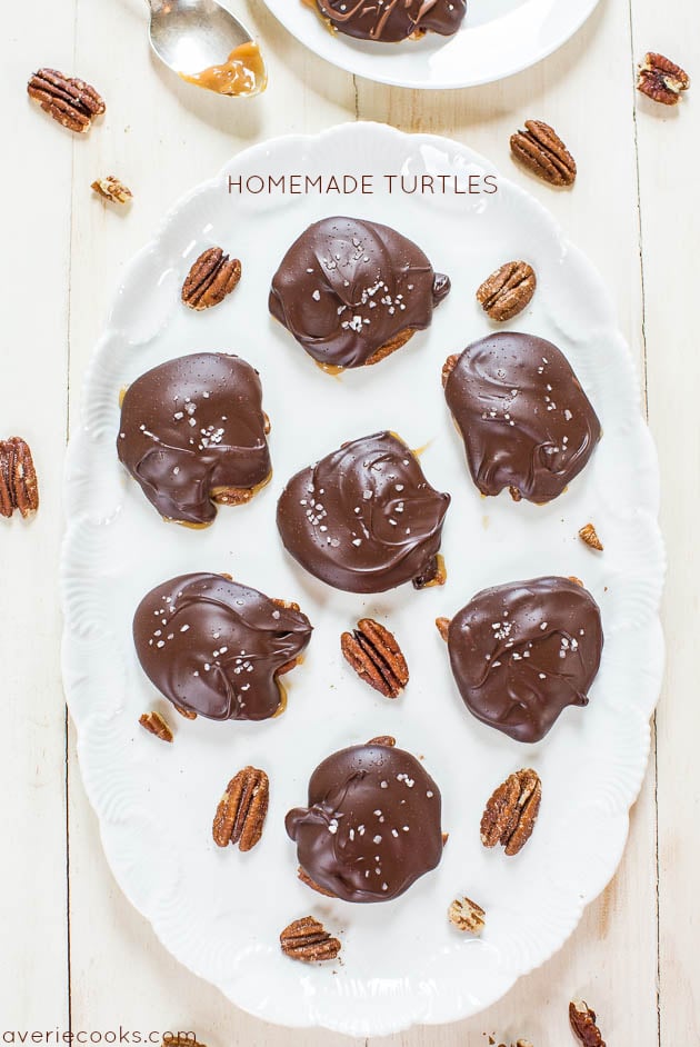 Homemade Turtles - Fast, easy, no-bake and just 4 ingredients! Chewy, gooey, salty-and-sweet! Homemade always tastes better! Yum!!
