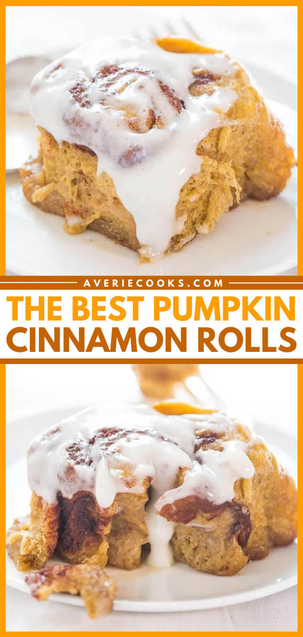 The Best Pumpkin Cinnamon Rolls — Super soft, fluffy pumpkin spice cinnamon rolls topped with a cream cheese glaze! Move over, Cinnabon, these are better!!