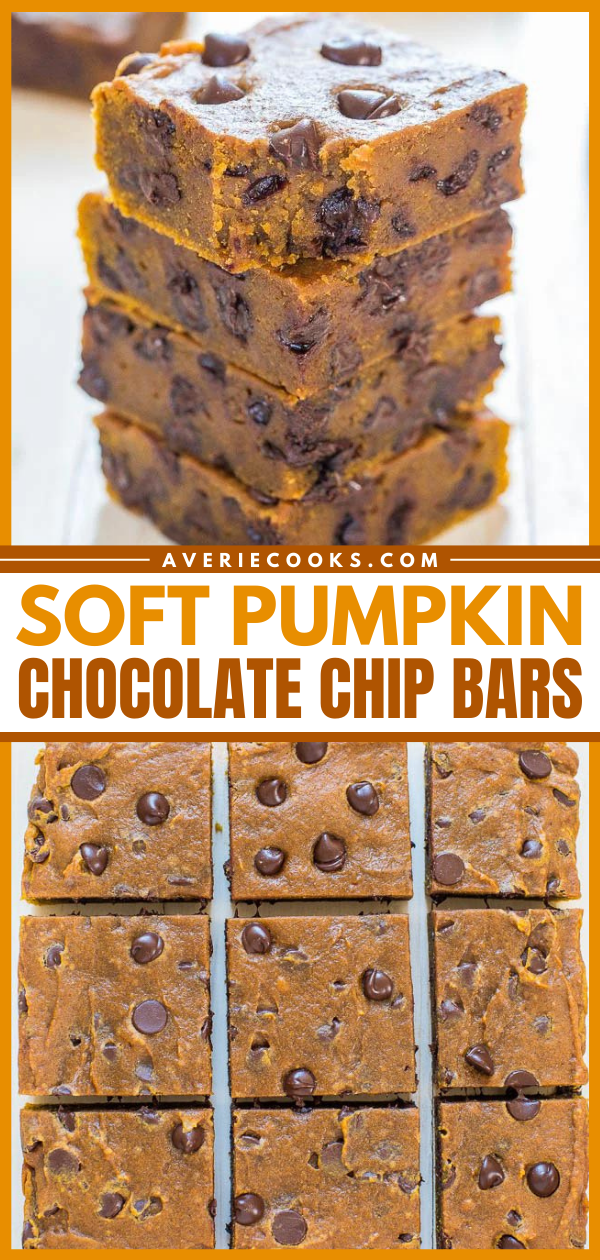 Soft Pumpkin Chocolate Chip Bars — These easy pumpkin bars are super soft and are like biting into a piece of rich pumpkin fudge! Loaded with chocolate and crazy good!!