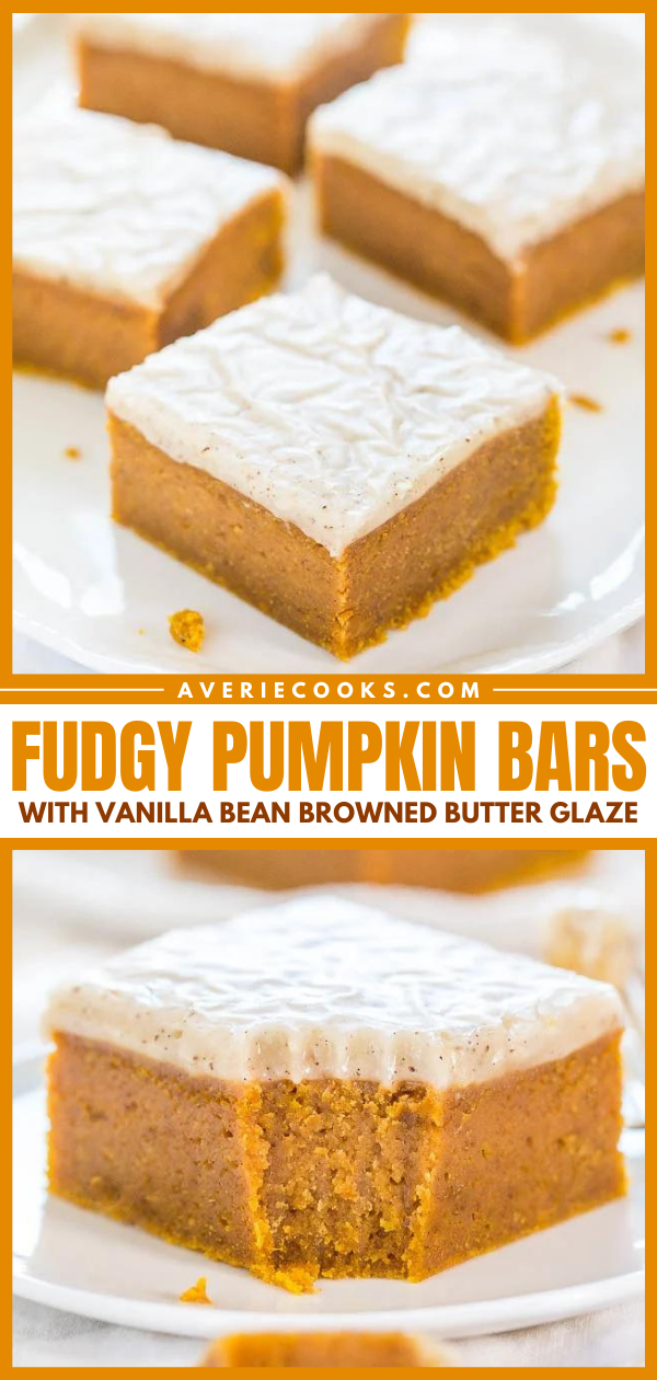 Fudgy Pumpkin Spice Bars — Moist pumpkin bars so soft they're like biting into pumpkin fudge!! The glaze is ahh-mazing!!!
