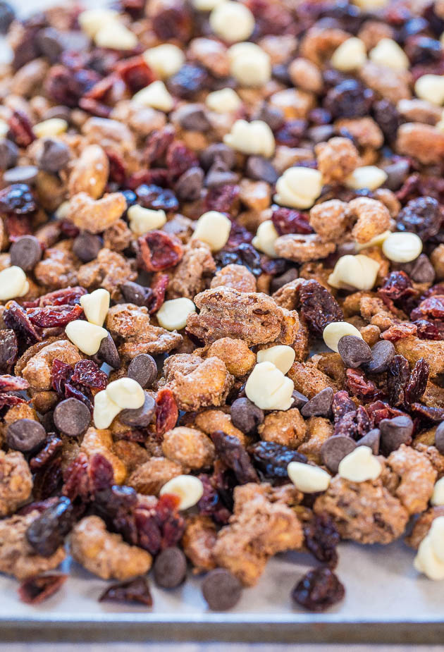Cinnamon Sugar Candied Nuts Trail Mix - Candied nuts like you get at the mall with trail mix add-ins. This stuff is dangerously good!!