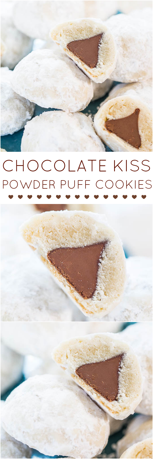 Chocolate Kiss Powder Puff Cookies - Easiest cookies ever with only 3 ingredients! The Kiss in the middle makes everyone smile!! So fun!!